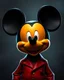 Placeholder: digital darkly com featuring an anthropomorphic character resembling Mickey centered in the frame and facing forward. The character has a classic Mickey Mouse head with large, round black ears, a smooth black face with a vibrant orange-yellow cheek, large shiny white eyes with black pupils, and a prominent black nose. The character's expression is a friendly smile, but the overall mood is dark and intense. It wears a sleek, glossy crimson red suit jacket with two visible buttons, a well-fitted b