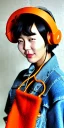 Placeholder: Young fleshy Korean woman black hair. thick thigh, thick calves. Style futurism, 1990's, rough street style.Mantle is sewed of recycled Denim and sewed together red felt pieces.Big headphones, with gold rings, is merged with small felt cap with small visor. A bag is integrated to the mantle. Patterns are composed of orange, cream, blue, lilac and purple. blue latex somewhere. It is with big bright purple felt tippet and cream-colored-hood. mantle is merged with tippet.