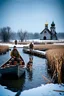 Placeholder: the beginning of winter, there is a little snow. 21st century. The Russian village. Two hunters with a dog on a boat sail up to the completely destroyed wooden bridge in the reeds across the river leading to the village, with several wooden piles sticking out of the water. On the right bank stands a dilapidated Orthodox church. The image is of high quality in 8K format.
