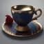 Placeholder: A midnight blue teacup with a gold rim and small red florets on a plate. Illustrative art, art interpretation, concept art, cgsociety contest winner, seasonal art, seasonal art HD, 4k, 8k, intricate, detailed, intricately detailed, luminous, translucent fantasy crystal, holographic data, soft body, shadow play, light, fog, atmospheric, cinematic, light film, hyper-detailed, hyper-realistic, masterpiece, atmospheric, high resolution, 8k, HDR, 500px, mysterious and artistic digital art, phototic,