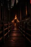 Placeholder: A wooden bridge in the forest at night with fire torches on each side