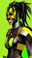 Placeholder: A woman has dark skin, yellow eyes and black dreadlocks. Her face has a slying smile, showing her superiority in the eyes of others. She is dressed in a steel armor with a few pieces of yellow and green fabric sticking out.
