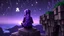 Placeholder: Minecraft Character, minecraft theme, purple starry sky, meditating, facing back, wearing gown, minecraft style, in between two cliffs,