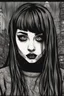 Placeholder: create a disturbing horror pen and ink sketch of a dark haired, savage, gothpunk vampire girl with highly detailed , sharply defined hair and facial features, in a dark, otherworldly London in the style of Junji Ito, precisely drawn, inked, with dramatic edges,