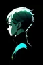 Placeholder: Phosphophyllite Houseki no Kuni on a black background stands with his back but turns to face the screen