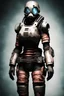 Placeholder: female dead space suit, lower torso in frame, gasmask