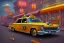 Placeholder: a study of cell shaded cartoon of a hotrod taxi cab infront of a store front, road, illustration, vivid colors, post grunge, highly detailed, sharp focus, alien, centered perspective view, concept art by sam curry