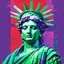 Placeholder: Green, purple and red portrait of The Liberty Statue, constructivist glitch art, movie illustration, elegant