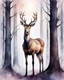 Placeholder: night, deer with antlers standing sideways, looking at viewer, realistic water color painted, among light colored tall simplified tree trunks, foggy, digital painting, Easter Spring pastel colors, colorful, dark background