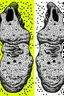 Placeholder: Draw two footprints. The tread pattern from the shoes is white and made entirely from the shapes of ghosts in the style of Salvador Dali’s “the face of war”. Use no more than 4 colours. Do not draw a shoe.