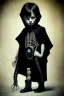 Placeholder: 7 year old boy, necromancer, friendly, looks dead,with a long lamprey emerging from his belly , wearing black robes, in the style of H.R. Giger