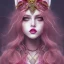 Placeholder: Young, Fire witch, round full face, pale skin, wild curly pink hair, red eyes, pink and red eyeshadow, pink glossy lips, wearing a pink witch hat, wearing a red crystal necklace