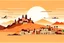 Placeholder: Scenes A skyview over a city in a scary hell, an Oman castle on a hill in the background, style: children’s book illustration, flat vector-like, no shadow, minimalistic, no outline, realistic colors in orange, red shades