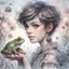 Placeholder: Whimsical and realistic ink, charcoal, markers, and oil painting, Impressionist style, realistic textures, minimalist approach, portrait of a young woman with a pixie cut hairstyle, holding a frog, ith delicate highlights, soft and dreamy background, pastel shades, fantastical ambiance, detailed and intricate linework, fine art quality, intricate patterns, enchanting atmosphere, ethereal lighting, by a blend of Van Gogh and Mary Cassatt, Artstation. Modifiers: bokeh Nikon D850 highly detailed di