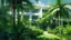 Placeholder: A modern white building with large glass windows is partially obscured by lush green foliage and palm trees. The scene has a painterly, impressionistic style.