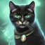 Placeholder: black cat, green eyes, flames, warior