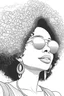 Placeholder: Create a coloring page of a curvy black female looking to the side with sunshades on. She has TIGHT LONG AFRO. Very beautiful. Background white.