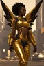 Placeholder: Female south african with black hawk wings on her back wearing golden gaunlets. in a south african inspired outfit with wind powers,futuristic, arcane style, metal gear style,night city style,king of fighters style,spideverse style,gorillaz style,street fighter 6 style