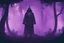 Placeholder: sorcerer looking figure in the middle of a misty forest with purple sky