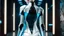 Placeholder: picture from behind the human android female with short white hair, white albino skin , she wearing black-silver-white colors futuristic fashion cloths, sje walking in high-tech futuristic office, sci-fi mood, ultra detailed, high contrast, Professional photography