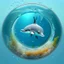 Placeholder: A cute little dolphin in a small circular fish tank.