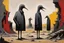 Placeholder: ong-legged surreal lean black-grey figures with beak-shaped heads in overcoat, profile, semi-silhouettes among ramshackle ruins in a barren landscape of red, yellow, black and beige colors, intricate acrylic painting