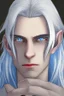 Placeholder: Realistic young man, long white hair covering one eye, blue eye, has rings on his hand, pale skin, slim bit fit