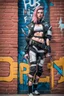 Placeholder: teen woman in retro-futurist cyberpunk costuming with pants leaning to the side with shoulder against a brick pillar, background is brick with graffiti of a right pointing arrow and the word "PUB" on the left, figure has 2 swords sheathed at hip and pouch on the opposite hip