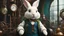 Placeholder: High-end state-of-the-art STEAMPUNK aesthetics flawless smiling cute fluffy heroic white rabbit, supreme cinematic-quality photography, blue green and honey brown pure leather clothes, Art Nouveau-visuals,Vintage style with Octane Render 3D technology,hyperrealism photography, (UHD) with high-quality cinematic character render,Insanely detailed close-ups capturing beautiful complexity,Hyperdetailed,Intricate,8K,Hyperrealism craftwork