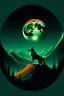 Placeholder: wolf on a mountain in front of a burning round and green moon in illustrator style