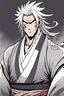 Placeholder: A manga-style portrait of a 35-years old male Shinigami from Bleach, tall and muscular, with wild silver-gray hair, steel-colored eyes, and a scar across his left brow and cheek. He wears a tattered captain's haori of the 11th Division, open kimono revealing a dragon claw tattoo on his chest, and metallic claws on his forearms. He smirks defiantly, standing in a dynamic pose with silver reiatsu swirling around him.