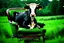 Placeholder: A cow sitting on an armchair in large dark soft green field