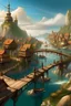 Placeholder: Fantasy market town on the coast with a large bridge