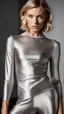 Placeholder: photography of a beautiful anorexic woman, silver satin top, sports illustrated, blond short wavy bob haircut, pronounced sternum, short leggins