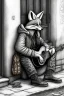 Placeholder: One single mature homeless fox with worn out clothes, sitting in a corner on the street, guitar standing on the left side, Vienna, mourning, model style, hyper realistic, extremely accurate, delicate, extremely detailed, Graphic novel style, wide-angle, open aperture, superfine pencil