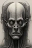 Placeholder: The face of and old men king, a thin line draw ، front view camera, decayed and rotting with grotesque proportions and imagery. surreal horror, biomechanical design, by hr giger and beksinski , fine lines draw