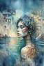 Placeholder: surrealistic painting depicts a woman submerged in water, with only her face visible above the surface. Her hair is dark brown with blonde highlights, and her eyes are a warm brown. Below the waterline, her torso is replaced by a skeletal ribcage entwined with translucent, organic root-like structures and dried leaves, revealing the internal decay beneath the skin. The upper part of the painting features a dilapidated, light-colored building with multiple levels and a dome, seemingly floating on