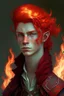 Placeholder: A teenage half-elf man, his hair is like red flame, looks charming but with an attitude, fancy clothing