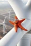 Placeholder: Patrick the starfish sitting on the blade of a wind turbine, with speed and wind hitting him in the face, wind farm in the background