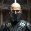 Placeholder: star wars bald male corellian jedi wearing gunmetal grey and black old republic armored flightsuit and breath mask with gold and metallic red trim inside the jedi temple, centered head and shoulders portrait, hyperdetailed, dynamic lighting, hyperdetailed background, 8k resolution, volumetric lighting, light skin, fully symmetric details