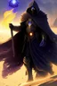 Placeholder: Thanos is the god of power and evil The commander wears a black cloak and a long coat with long combat boots and a long spear with a hat under his cloak with blue flame eyes, a sword like a spear The sun in the palm of a brave man in the middle of the desert A battle iron suit with the ability to fly, made for humans