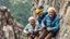 Placeholder: Elderly pensioners abseiling down a precipitous rock face. Everyone is happy. Photographic quality and detail, award-winning image, beautiful composition.