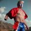 Placeholder: realistic image of donald trump as a mexican wrestling fighter posing outdoors, with mexican mask painted on the face, red and blue breeches, confederate flag cape, naked torso, retro style, 80s, vibrant color, highly detailed, sky background, concept art, unreal engine 5, god rays, ray tracing, RTX, lumen lighting, ultra detail, volumetric lighting, 3d, finely drawn, high definition, high resolution.