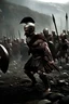 Placeholder: Cinematic shot of King Leonidas holding a spear, in the middle of a intense battle in Sparta Battlefield, the background is a battlefield , clash of swords, masculine, bodybuilder, determined, dynamic action, dynamic motion, combat pose, epic, dramatic, wide angle shot, cinematic lighting, photorealistic, clean sharp focus, film grain, hyper - detailed, directed by Zack Snyder