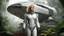 Placeholder: An ultrawide-angle, photorealistic image of an adventurous, slender, fifty-year-old woman from the future, dressed in a tailored, full-body spacesuit, stands to the right of her huge, wide, wingless cargo spaceship. Her uncombed, blond hair has bangs. Standing on a metal box in a jungle clearing.