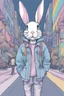 Placeholder: Anime illustrated cool elongated rabbit walking down street wearing a denim jacket, slender, long ears, cartoonist, eyes are half closed, hazy, stoned, pastel rainbow, pastel gothic theme, surreal fantasy illustration ,digital illustration, manga drawings, cartoonist, exaggerated,, optical art, symbolism, psychedelic, holographic, smooth, dadaism, chrome,