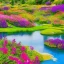 Placeholder: bright flowery landscape, cosmic atmosphere, blue lake, cascades, delicate flowers, perfect composition, 8k, super detailed, delicate flowers, complementary colours, intricate details