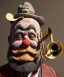 Placeholder: mechanoid old friendly fat clown with trimmed beard playing jazz with a steampunk theme, trumpet, salvador dali