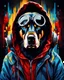 Placeholder: Vibrant and dynamic masterpiece with fluid patterns forming a killer dog wearing a hood and a gas mask, its eyes are intense. Bright colors of red, blue and a touch of yellow, creating a fascinating effect. The black background creates a strong contrast, making the colors stand out even more., concept art, dark fantasy, vibrant, painting, portrait photography