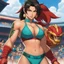 Placeholder: [high res photo of an actress for the launch Street Fighter III: New Generation/Official Art by Daigo Ikeno] the athletic Ardried Lash, with a tattoo of the Serpent's Tooth, in her iconic two piece swimsuit stands up on the ring, seen by below